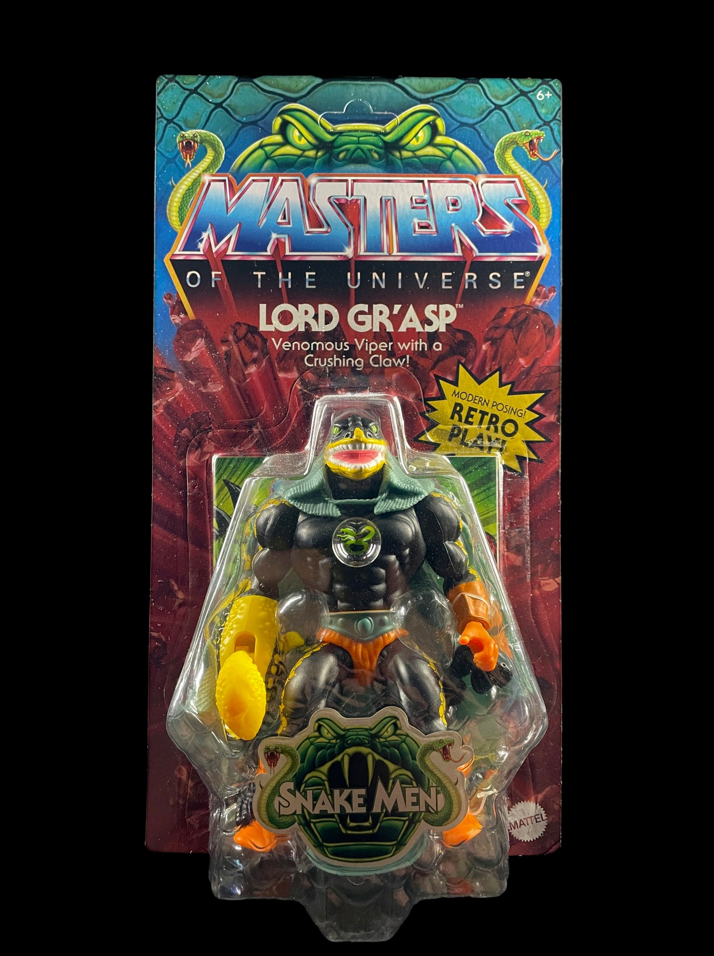 Lord Gr’Asp Masters of the Universe Origins Snake Men action figure on retro-style MOTU cardback with yellow claw and Snake Men logo