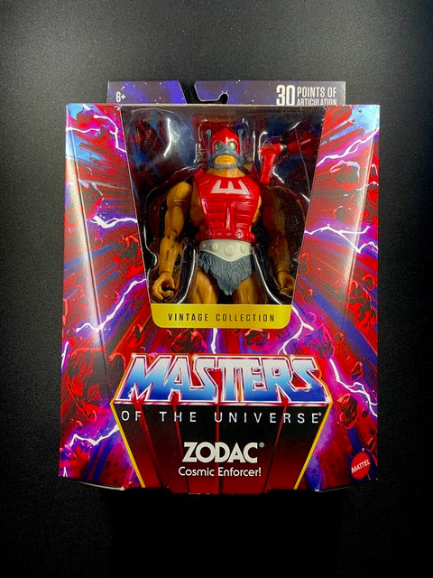 Masters of the Universe Vintage Collection Zodac action figure with red armor, cosmic helmet, and Mattel packaging