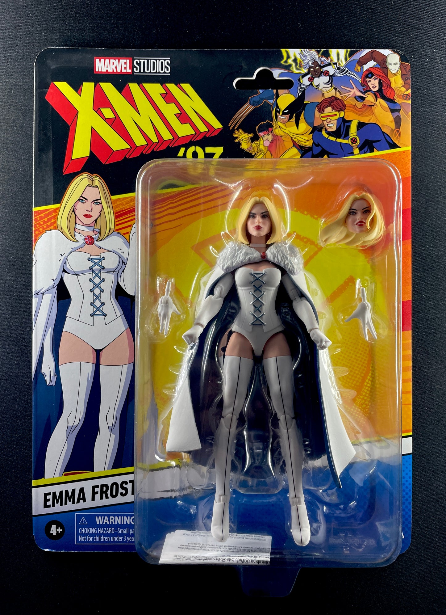 Marvel Legends Series Emma Frost (X-Men ’97) 6-inch figure in white outfit with cape and alternate head sculpt.
