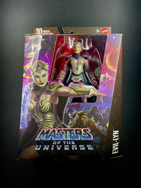 Masters of the Universe Masterverse Evil-Lyn action figure with purple and silver armor, jeweled headpiece, and detailed collector packaging