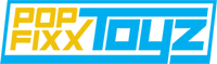 PopFixx Toyz logo – small header version in blue and yellow for collectibles website branding.