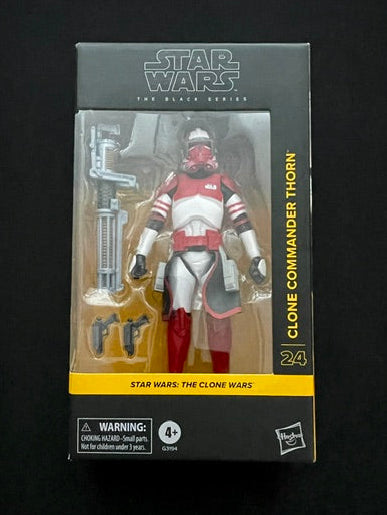 Star Wars The Black Series Clone Commander Thorn action figure with red and white Clone Trooper armor in sealed Hasbro packaging