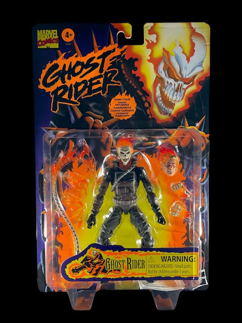 Marvel Legends Ghost Rider Retro Collection figure in comic-style card with flame effects and chain accessory