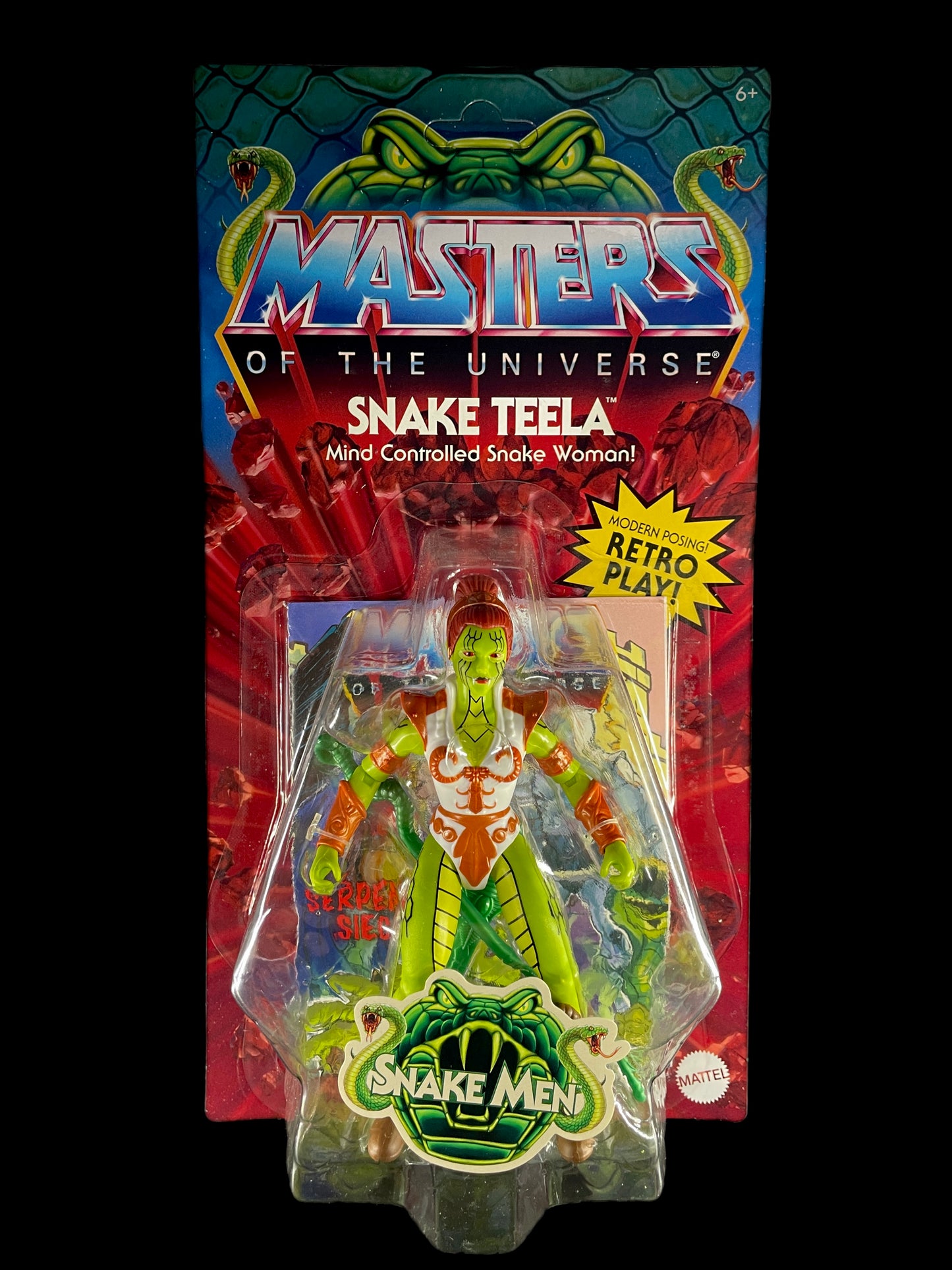 Masters of the Universe Origins Snake Teela figure in green skin and orange armor from the Snake Men series.