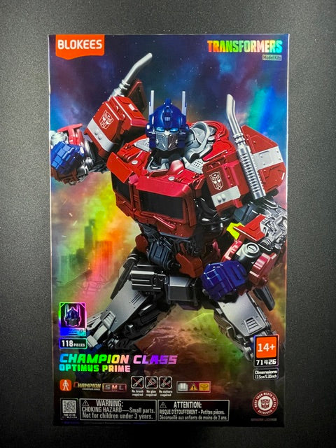 Blokees Transformers Champion Class Optimus Prime 118-piece model kit featuring detailed red and blue Autobot armor