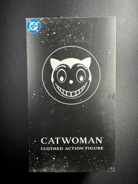 DC Comics Catwoman Clothed Action Figure in black collector packaging featuring stylized Catwoman face artwork and DC logo
