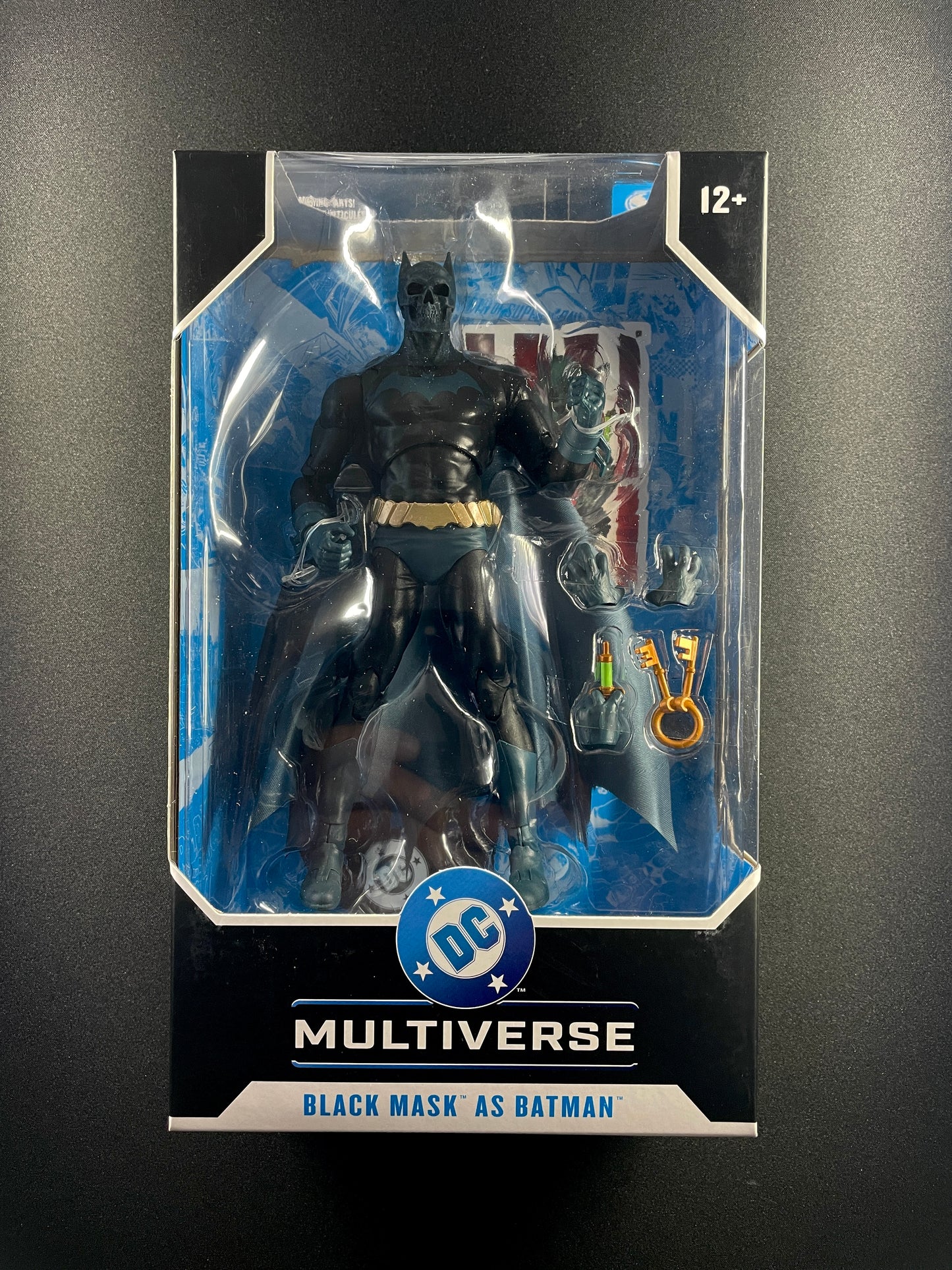 DC Multiverse Black Mask as Batman 7-inch action figure with accessories and gold keys.