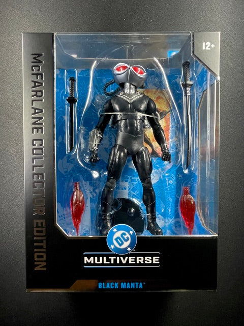 McFarlane Toys DC Multiverse Collector Edition Black Manta 7-inch action figure with black armor, red eyes, blades, and effect accessories