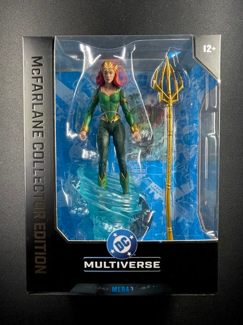 McFarlane Toys DC Multiverse Collector Edition Mera action figure with green Atlantean armor, red hair, golden trident, and blue water effects