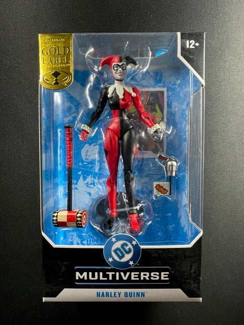 McFarlane Toys DC Multiverse Gold Label Harley Quinn 7-inch action figure in classic red and black jester costume with oversized mallet