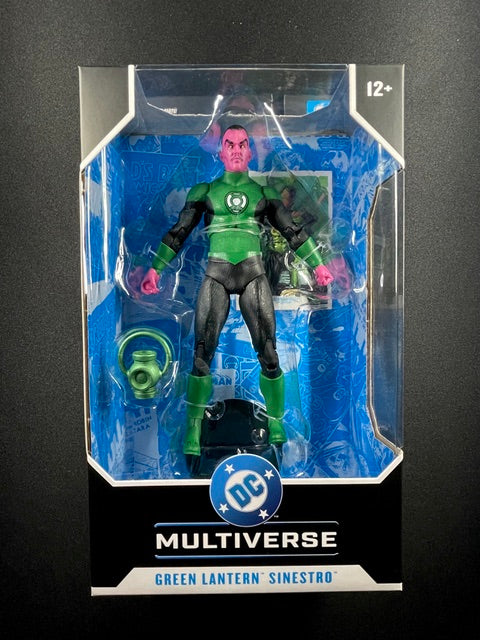 McFarlane Toys DC Multiverse Green Lantern Sinestro 7-inch action figure with magenta skin, green and black uniform, and lantern power battery
