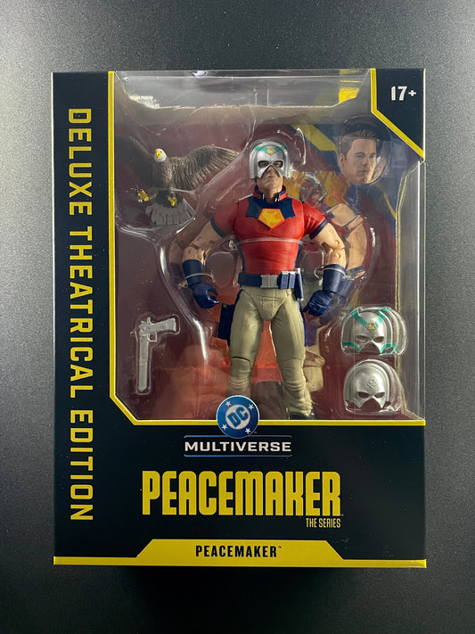 DC Multiverse Peacemaker Deluxe Theatrical Edition 7-inch action figure with Eagly and interchangeable helmets.