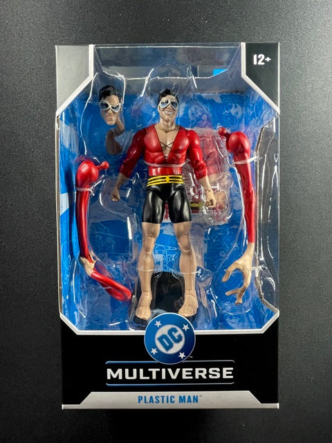 McFarlane Toys DC Multiverse Plastic Man 7-inch action figure with red and black costume, alternate head, and interchangeable stretching arms
