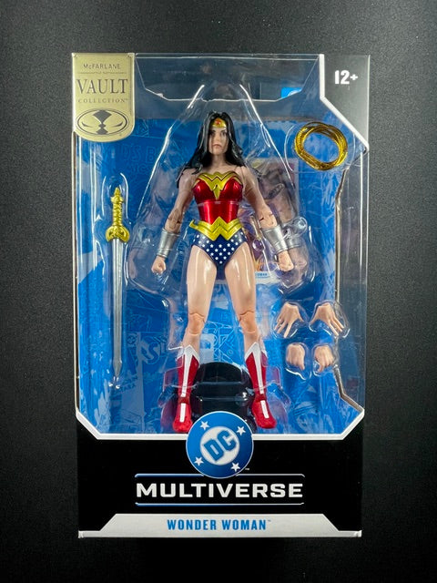 McFarlane Toys DC Multiverse Vault Collection Wonder Woman 7-inch action figure with classic costume, sword, golden lasso, and interchangeable hands