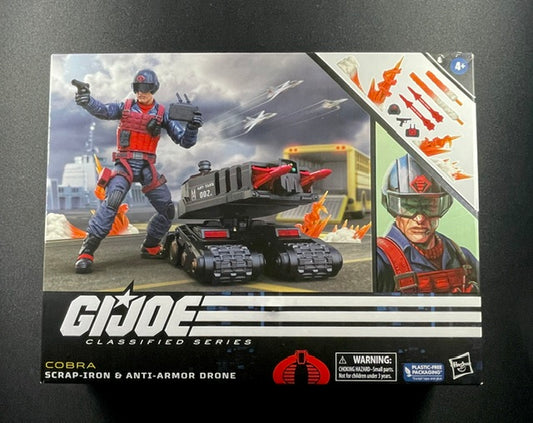 G.I. Joe Classified Series Cobra Scrap-Iron and Anti-Armor Drone action figure set with tracked missile launcher and explosion effects