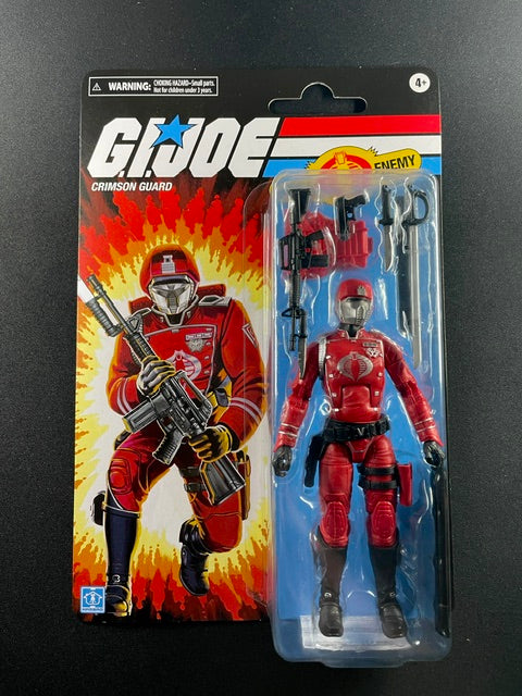 G.I. Joe Classified Series Retro Crimson Guard action figure with red Cobra uniform, military accessories, and classic cardback packaging