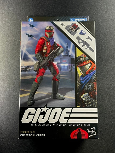 G.I. Joe Classified Series Cobra Crimson Viper action figure with red tactical armor, military backpack, and combat weapons