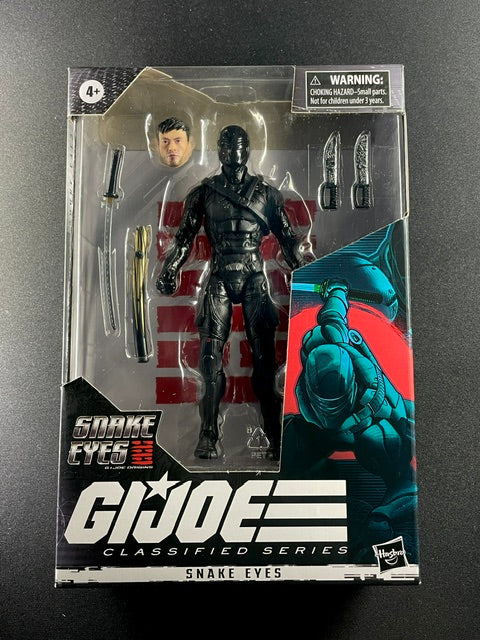 G.I. Joe Classified Series Snake Eyes Origins movie action figure with black ninja armor, alternate head, and sword accessories