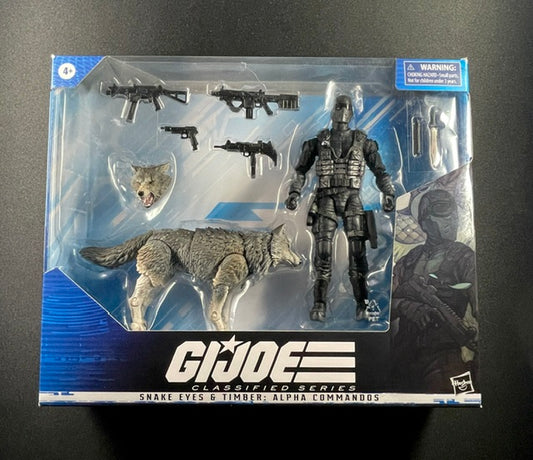 G.I. Joe Classified Series Snake Eyes and Timber Alpha Commandos action figure set with wolf companion, weapons, and accessories