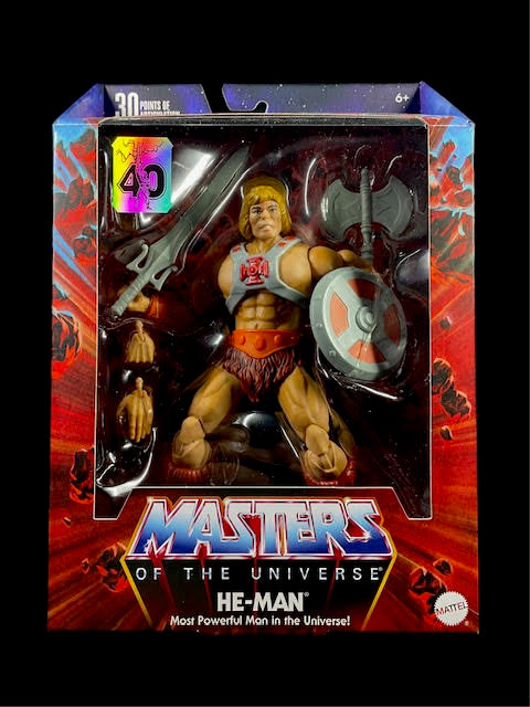 Masters of the Universe Masterverse 40th Anniversary He-Man figure with sword, axe, and shield in box
