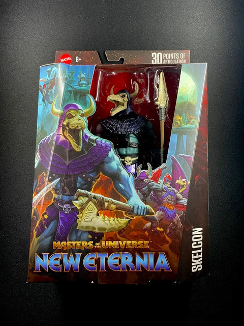 Masters of the Universe New Eternia Skelcon action figure with horned skull head, dark armor, and weapon accessory