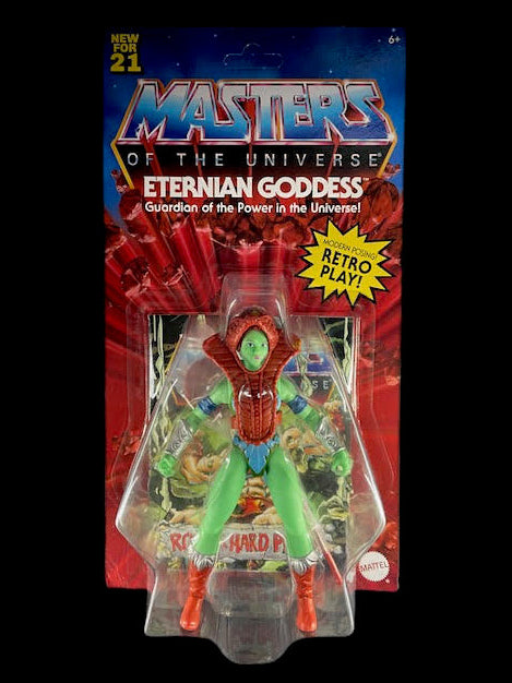Masters of the Universe Origins Eternian Goddess green figure with red armor on retro card.