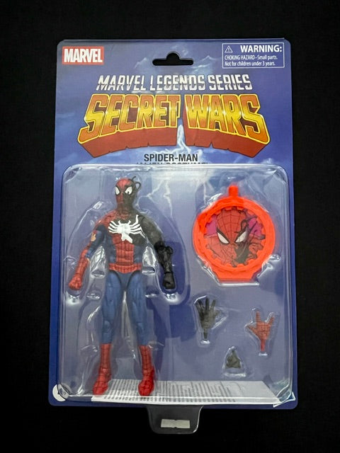 Marvel Legends Secret Wars Spider-Man action figure in sealed retro inspired Marvel packaging with Secret Shield accessory