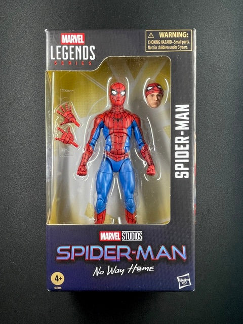 Marvel Legends Spider-Man No Way Home action figure with red and blue suit, interchangeable Tom Holland Peter Parker head, and alternate hands