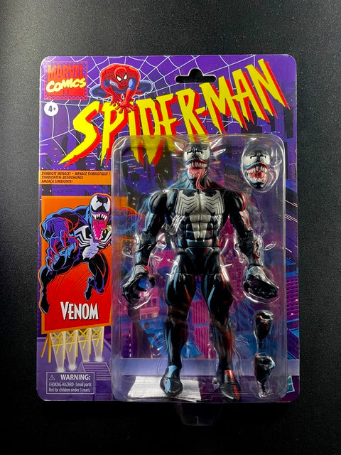 Marvel Comics Spider-Man Retro Collection Venom action figure by Hasbro with alternate head, interchangeable hands, and vintage-style packaging 