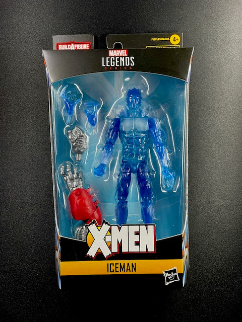 Marvel Legends Iceman action figure packaging on a black background