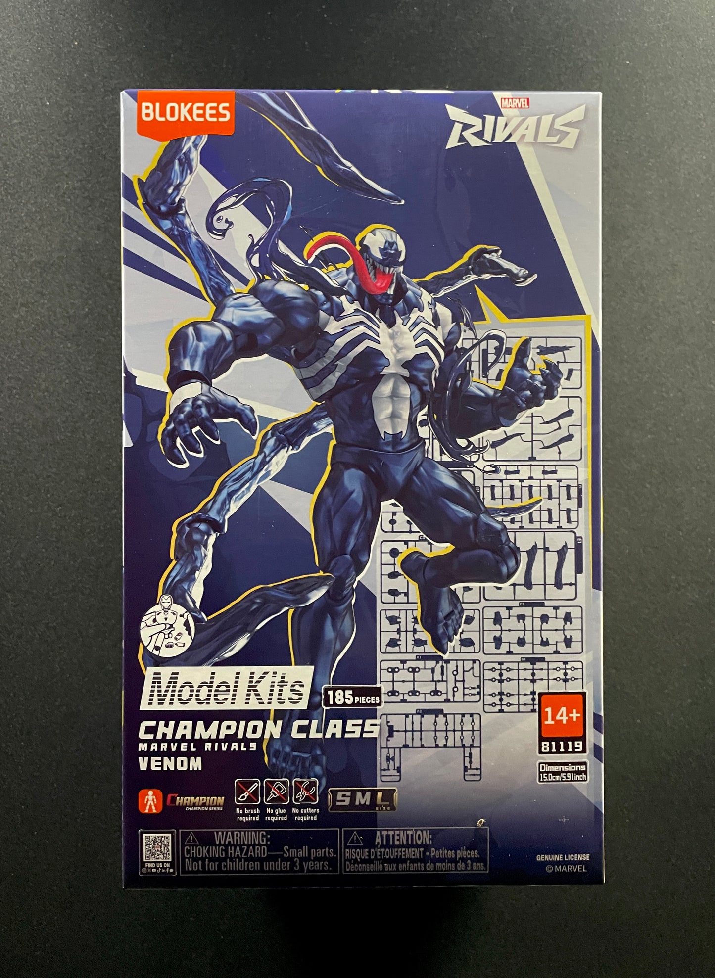 Marvel Rivals Venom Blokees Champion Class model kit box with 185 pieces buildable figure