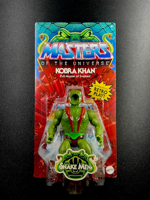 Masters of the Universe Kobra Khan action figure packaging on a dark background