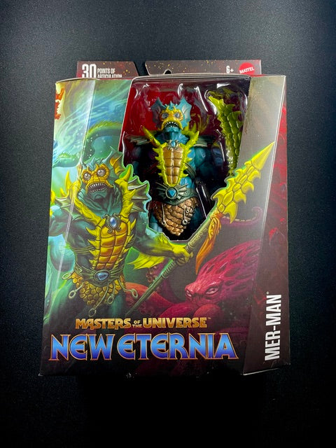 MOTU Masterverse New Eternia Mer-Man action figure with blue aquatic body, gold armor, and trident weapon by Mattel