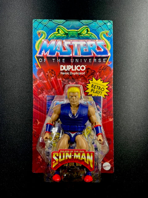 Vintage Masters of the Universe action figure packaging with 'Sun-Man' on a dark background