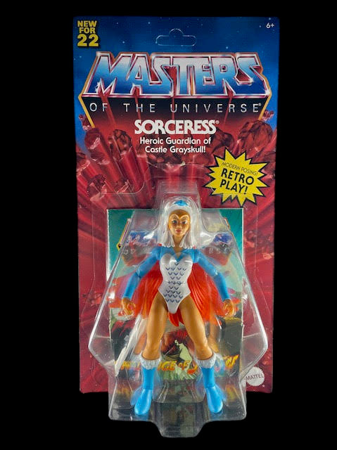 Masters of the Universe Origins Sorceress action figure on retro card with wings displayed