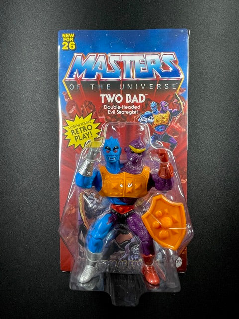 Masters of the Universe Origins Two Bad action figure by Mattel featuring blue and purple two-headed villain with orange armor and shield