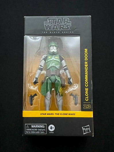 Star Wars The Black Series Clone Commander Doom action figure with green Clone Trooper armor in sealed Hasbro packaging
