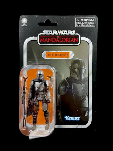 Star Wars Vintage Collection The Mandalorian action figure in Beskar armor on card with rifle accessory