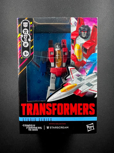 Transformers Studio Series MTMTE Collection Starscream action figure with red and gray Decepticon armor that converts into a fighter jet in 27 steps