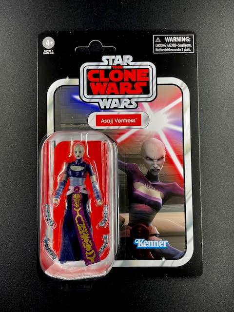 Star Wars Vintage Collection Asajj Ventress 3.75-inch action figure on Clone Wars Kenner cardback with cloth skirt and dual lightsabers