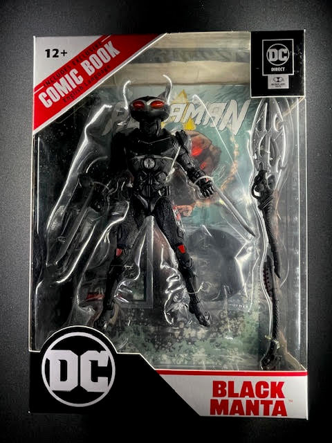 McFarlane DC Direct Black Manta action figure in packaging with comic book, sword, and trident accessories