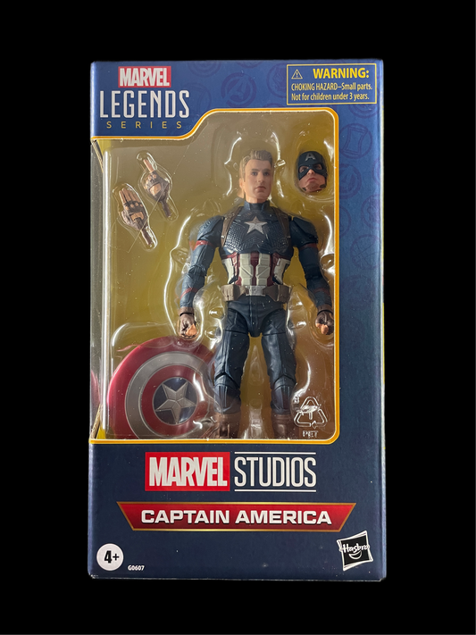 Marvel Legends Captain America action figure in box with shield, alternate hands, and masked head