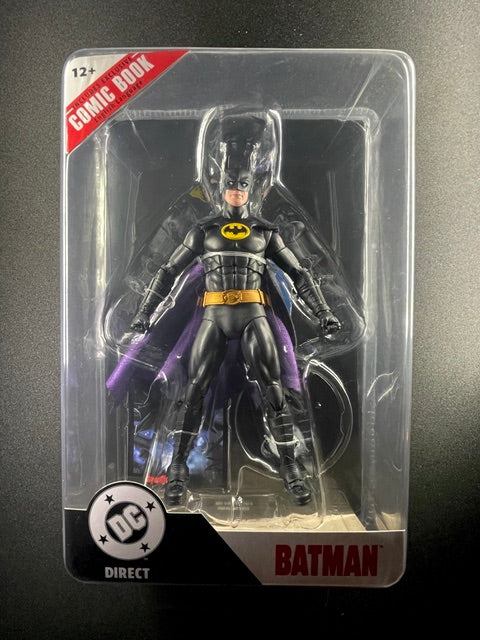 DC Direct Batman action figure in black and gray costume with yellow bat emblem, gold utility belt, purple-lined cape, and comic book packaging.