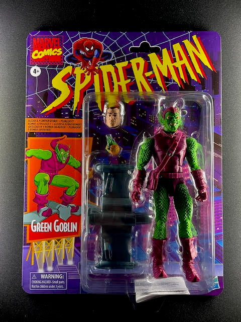 Marvel Legends Retro Collection Green Goblin figure with glider and Norman Osborn head on Spider-Man animated cardback
