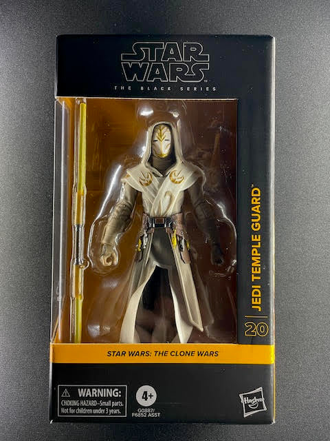 Star Wars Black Series Jedi Temple Guard action figure with yellow double-bladed lightsaber in box