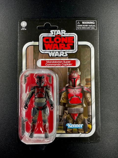 Mandalorian Super Commando Captain 3.75" action figure on Star Wars Vintage Collection Kenner cardback, Clone Wars edition with red armor