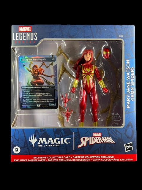 Marvel Legends Mary Jane Watson Iron Spider figure with Magic the Gathering card and accessories in box