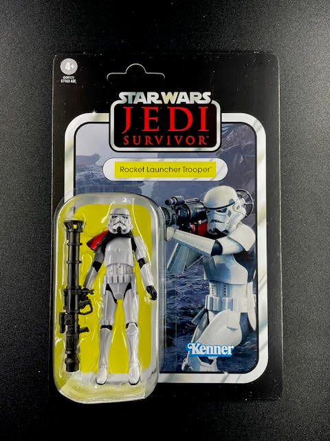 Rocket Launcher Trooper Star Wars Vintage Collection 3.75" action figure on Jedi Survivor Kenner card with large rocket launcher weapon