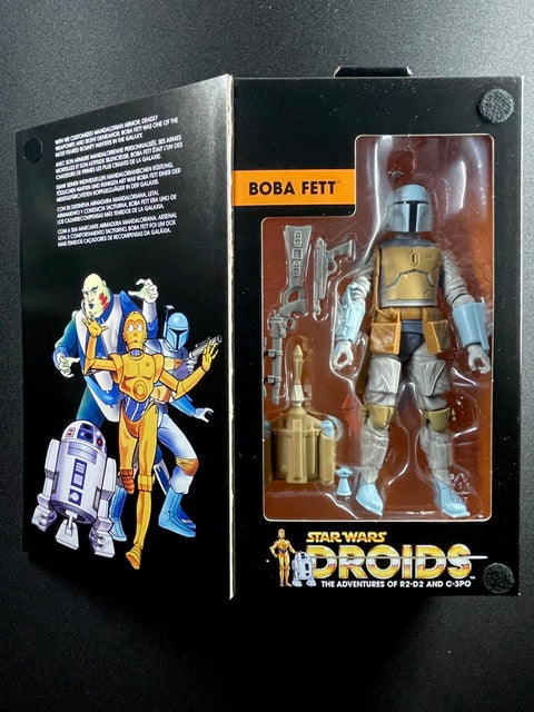 Hasbro Star Wars The Black Series Boba Fett Droids animated series 6-inch action figure in open collector packaging with blasters and accessories. Opened to see figure