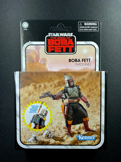Star Wars The Vintage Collection Boba Fett Tatooine Deluxe 3.75-inch action figure from The Book of Boba Fett in Kenner collector packaging.
